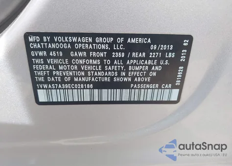 2014 Volkswagen Passat 1.8T S из США, поврежденный, VIN 1VWAS7A39EC028186